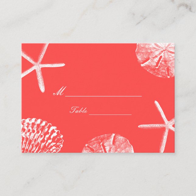 Coral Red Beach Theme Seashells Wedding Place Card (Front)