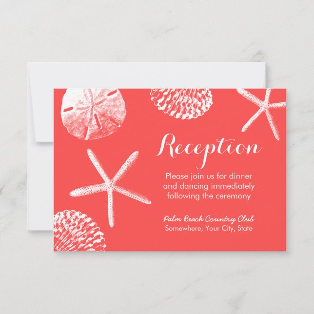 Coral Red Beach Theme Seashells Wedding Reception Invitation (Front)
