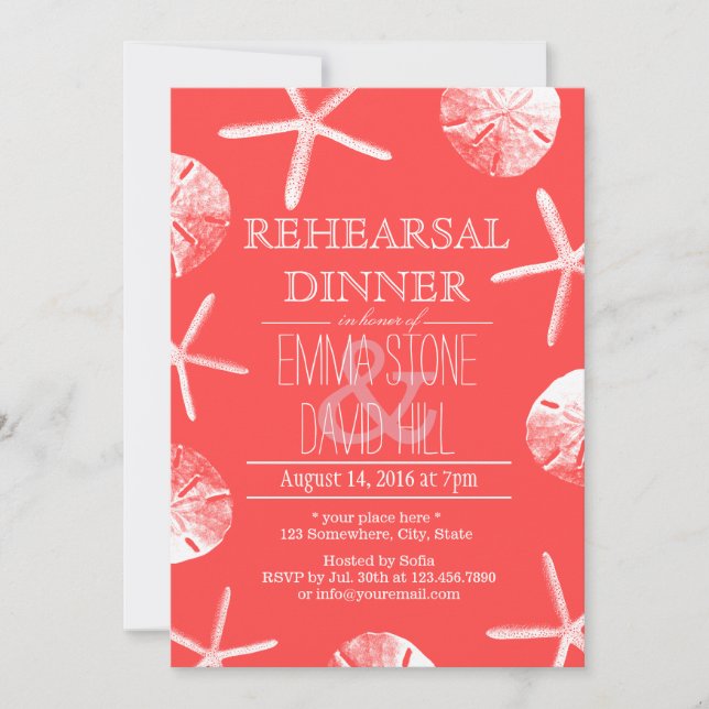 Coral Red Beach Theme Wedding Rehearsal Dinner Invitation (Front)