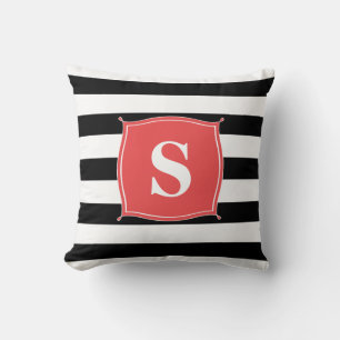 Coral Red & Black Monogram Striped   Throw Pillow