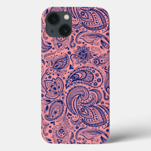 Coral-Red & Blue Vintage Floral Paisley Pattern iPhone 13 Case