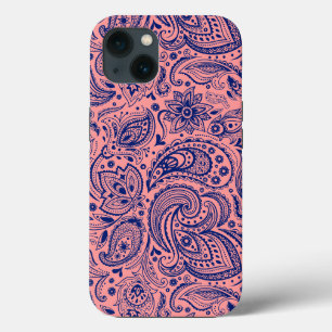 Coral-Red & Blue Vintage Floral Paisley Pattern iPhone Case