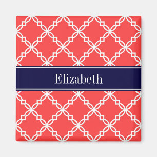 Coral Red Fancy Quatrefoil Navy Name Monogram Magnet