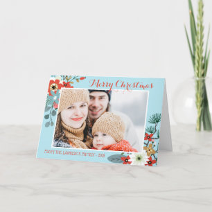 Coral Red Floral Blue Christmas Photo Holiday Card