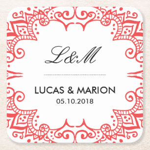 Coral Red Floral Swirl Curl Deco Art Wedding Party Square Paper Coaster