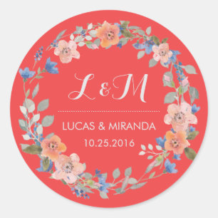 Coral Red Floral Wreath Wedding Favour Sticker