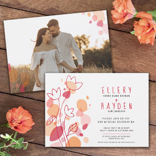 Coral red flower graphic confetti petals wedding invitation