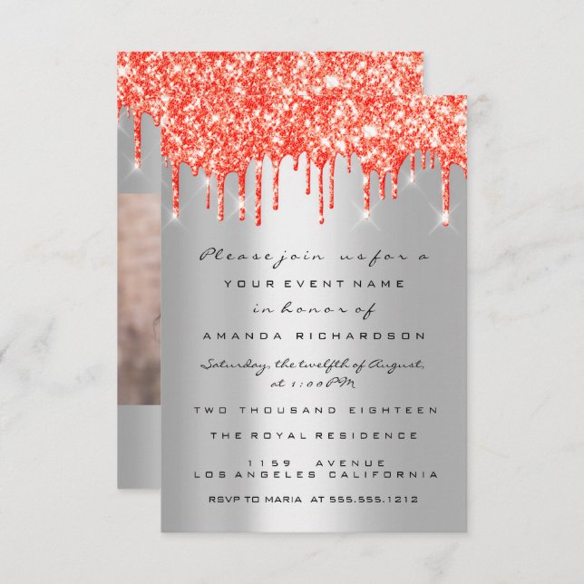 Coral Red Glitter Drips Silver Bridal Sweet 16th Invitation (Front/Back)