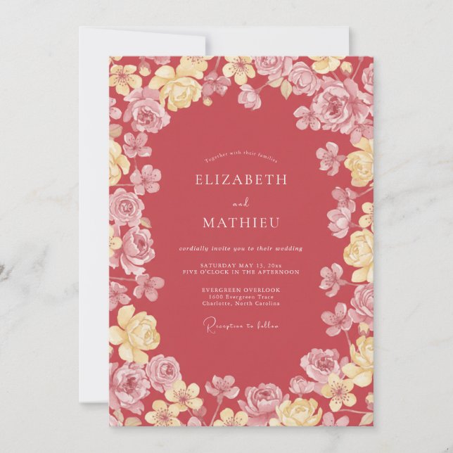 Coral Red Graceful Spring Wedding Invitation (Front)