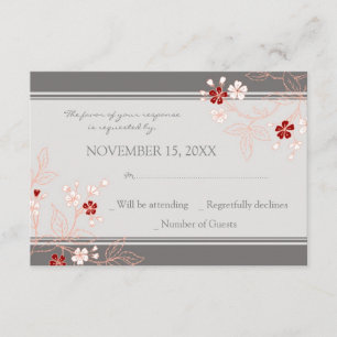 Coral Red Grey Floral RSVP Wedding Card