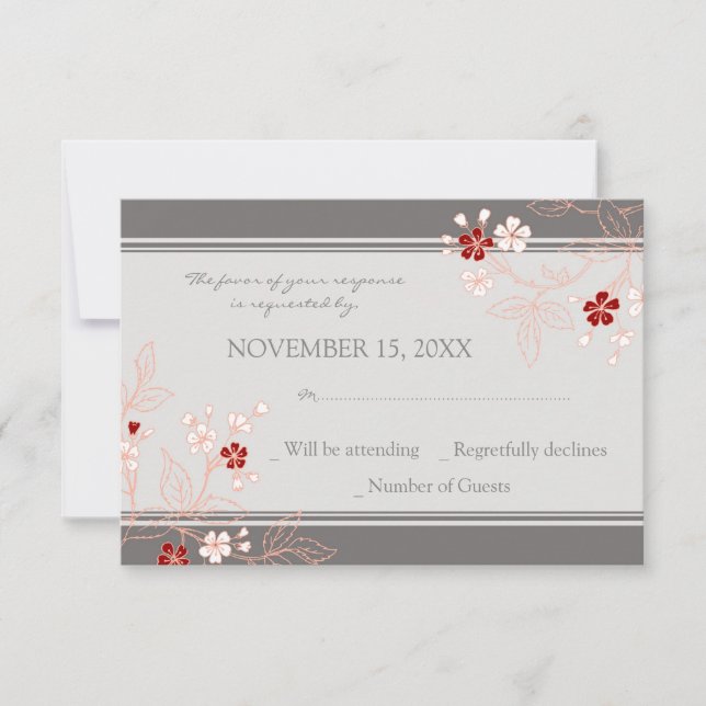 Coral Red Grey Floral RSVP Wedding Card (Front)