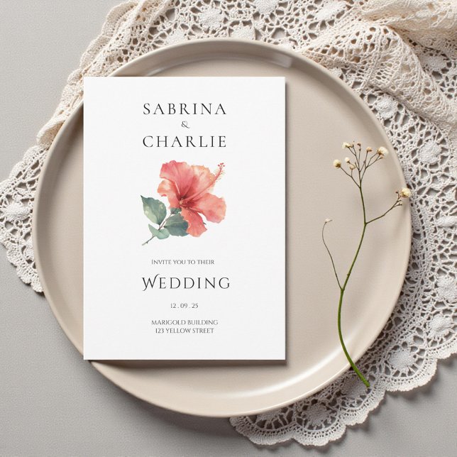Coral Red Hibiscus Floral Tropical Wedding Invitation (Coral Red Hibiscus Floral Tropical Wedding Invitation)