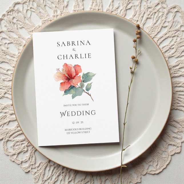 Coral Red Hibiscus Floral Tropical Wedding Invitation (Coral Red Hibiscus Floral Tropical Wedding Invitation)