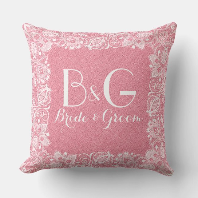 Coral-Red Linen & White Lace Frame Cushion (Front)