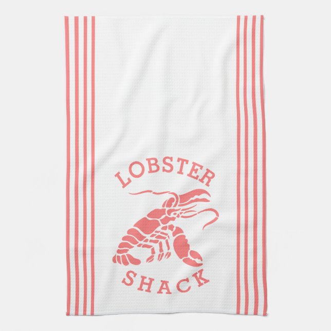 Coral Red Lobster & Stripes Design Tea Towel (Vertical)