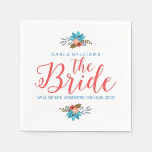 Coral Red Modern Text-The Bride & Blue Flowers Napkin
