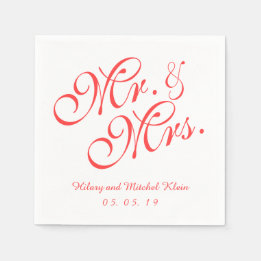 Coral Red Mr. and Mrs. Wedding Paper Napkins