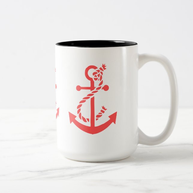 Coral Red Nautical Boat Anchor Two-Tone Coffee Mug (Right)