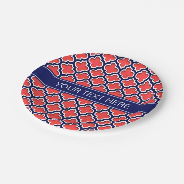 Coral Red Navy 5c Moroccan #5DS Navy Name Monogram Paper Plate (Angled)