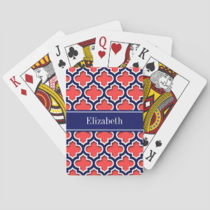 Coral Red Navy 5c Moroccan #5DS Navy Name Monogram Playing Cards