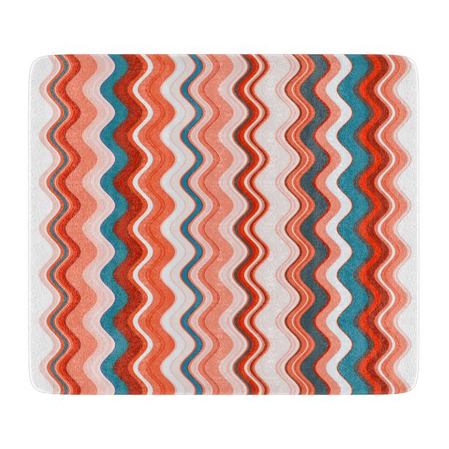 Coral Red Navy Blue White Stripes Cutting Board (Front)