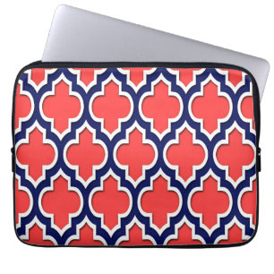 Coral Red Navy White Moroccan Quatrefoil #4DS Laptop Sleeve
