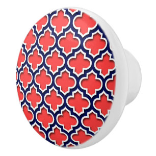 Coral Red, Navy White Moroccan Quatrefoil #5DS Ceramic Knob