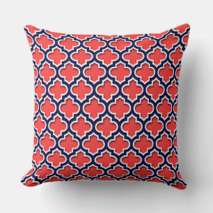 Coral Red, Navy White Moroccan Quatrefoil #5DS Cushion