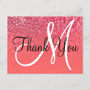 Coral Red Ombre Glitter Monogram Thank You Postcard