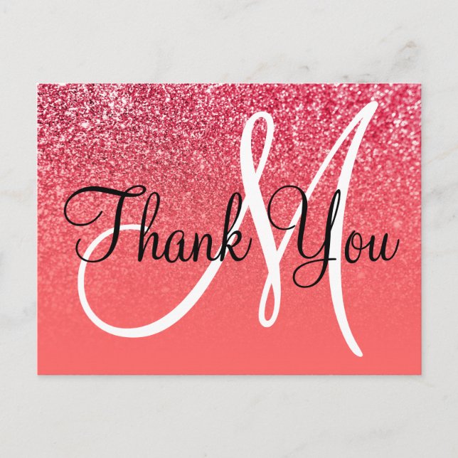 Coral Red Ombre Glitter Monogram Thank You Postcard (Front)