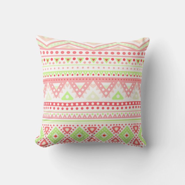 Coral Red Pink Lime Green Aztec Zigzag Pattern Cushion (Front)