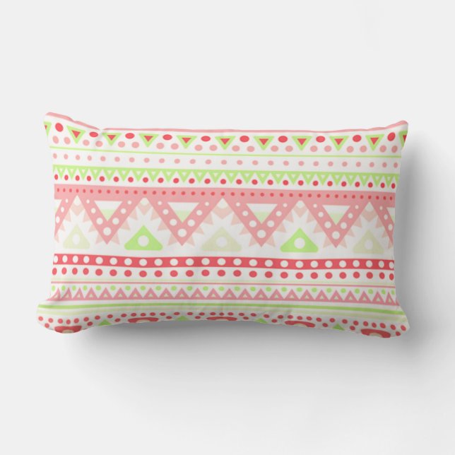 Coral Red Pink Lime Green Aztec Zigzag Pattern Lumbar Cushion (Front)