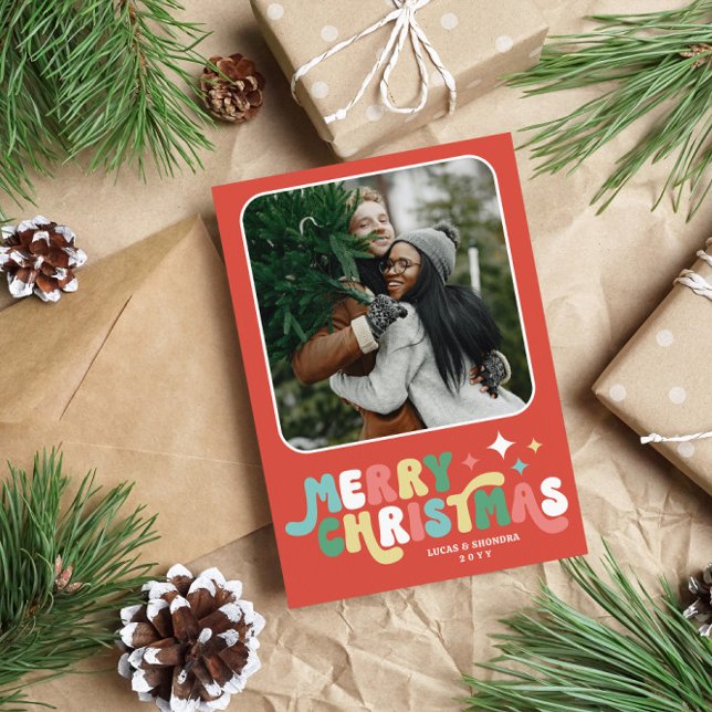 Coral Red Retro Groovy Merry Christmas Holiday Card (Creator Uploaded)