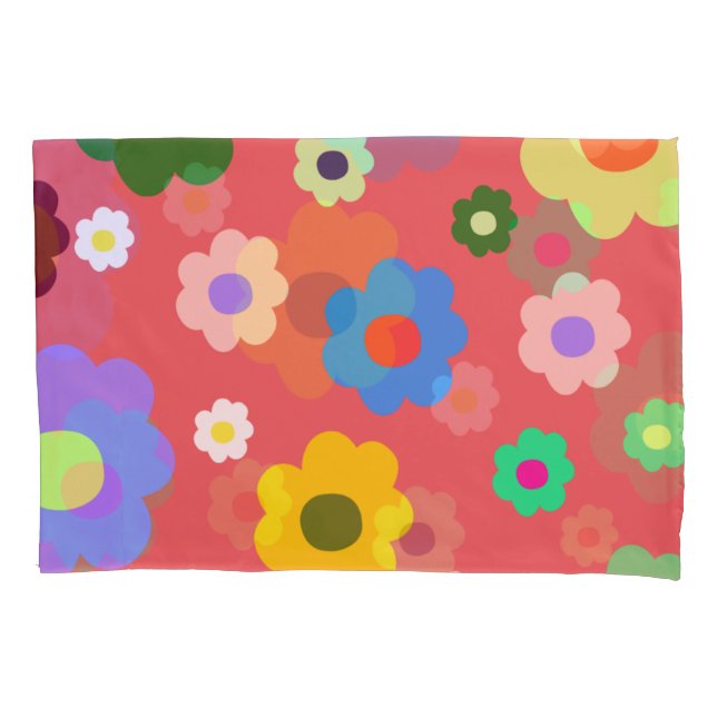 Coral Red Retro Y2K Flower Pattern Tropical Floral Pillowcase (Front)