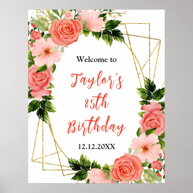 Coral Red Roses Floral Birthday Party Welcome Sign (Front)