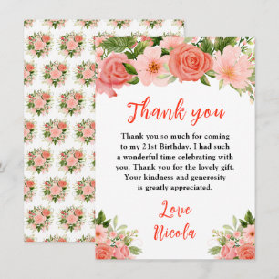 Coral Red Roses with Foliage Birthday Thank You Card