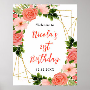 Coral Red Roses with Foliage Birthday Welcome Poster