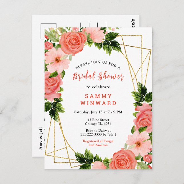 Coral Red Roses with Foliage Bridal Shower Postcard (Front/Back)