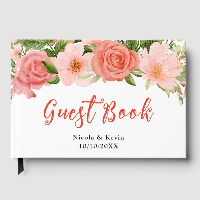 Coral Red Roses with Foliage Guest Book (Front)