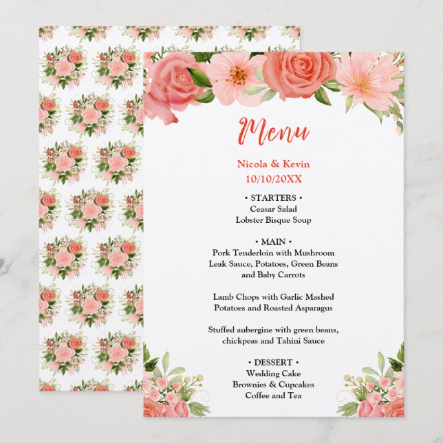 Coral Red Roses with Foliage Menu (Front/Back)