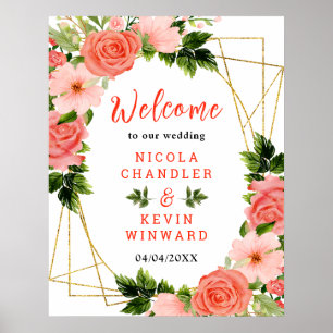 Coral Red Roses with Foliage Poster