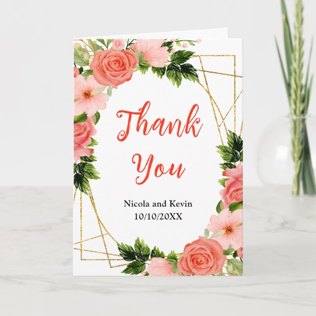 Coral Red Roses with Foliage Thank You Card (Front)