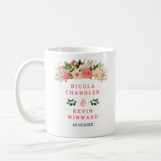Coral Red Roses with Foliage Wedding Coffee Mug (Left)