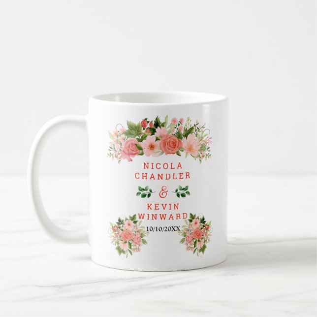 Coral Red Roses with Foliage Wedding Coffee Mug (Left)