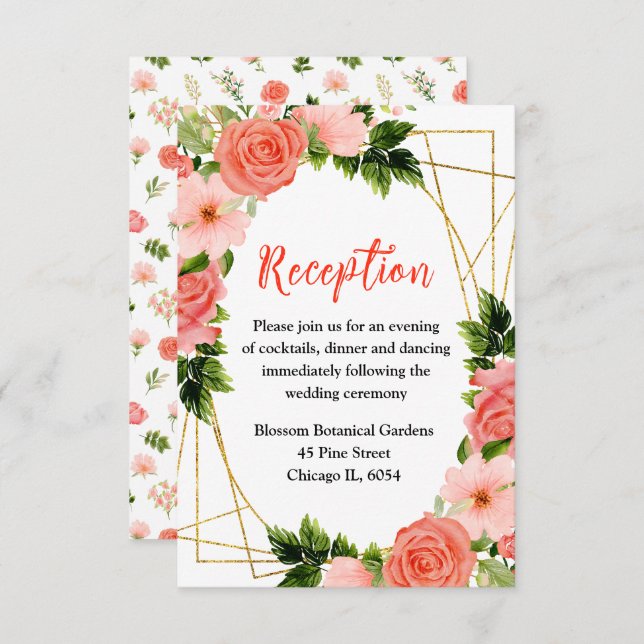 Coral Red Roses with Foliage Wedding Reception Enclosure Card (Front/Back)