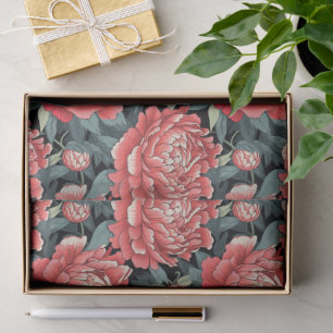 Coral Red & Sage Green Peony Flowers Tissue Paper