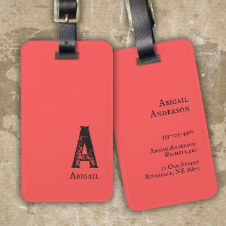 Coral red solid colour black initials and name luggage tag