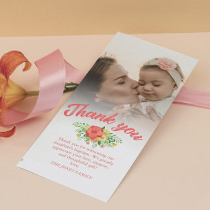 Coral Red Spring Bouquet Baptism Thank You Photo Card