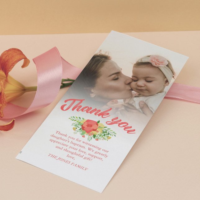 Coral Red Spring Bouquet Baptism Thank You Photo Card (Creator Uploaded)