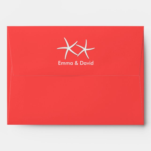 Coral Red Starfish Beach Wedding Envelopes (Back (Top Flap))